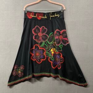 Vtg Y2K Desigual Shark Bite Hem Midi Skirt M Black Embroidered Floral Dopamine